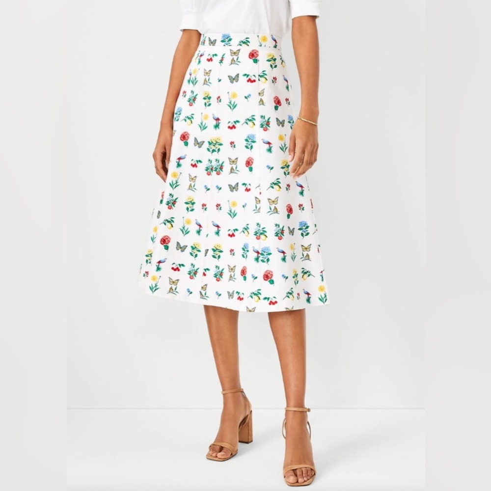 Ann Taylor Petite Botanical Seamed Linen Blend Midi Skirt Floral Butterfly Bird